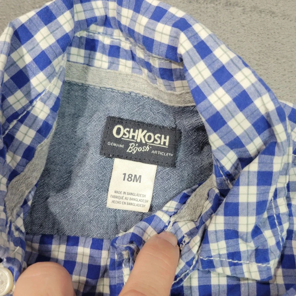 OshKosh Bodysuit Lot Boys 18M Blue Pink‎ Green Plaid Gingham Button Down 3pc Set